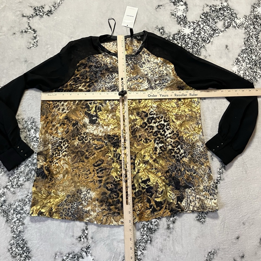 Mango‎ Shirt Womens Sz 10 gold black animal baroque print body solid black - Picture 2 of 8